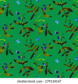 Vector watercolor pattern with various flowers and leaves. Spring summer seamless texture with sweet pea vines hand drawn in bright colors on green. Vintage ornament and natural background