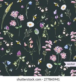 vector watercolor pattern with wildflowers dark background