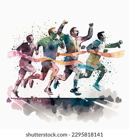 Vector watercolor people run on finish colours painting illustration with detailed clipart isolated on white background.