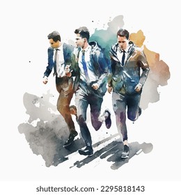 Vector watercolor people run on finish colours painting illustration with detailed clipart isolated on white background.