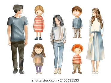 Vector watercolor people standing. Watercolor family. Parents and children. Woman, man, boy, girl