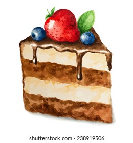Vector watercolor pie, piece of cake. It can be used for card, postcard, birthday card, menu