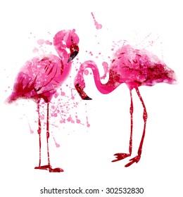 vector watercolor pink flamingo in splashes