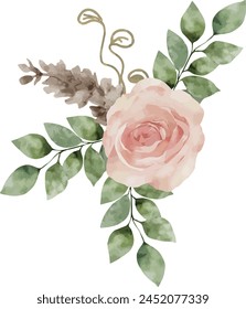 Vector watercolor pink flower bouquet, green branches, composition. Greeting cards, invitation, wedding card and save the date, celebration, anniversary, birthday, party, event, print and ceremony.