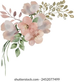 Vector watercolor pink flower bouquet, olive branch, composition with golden olive branches. Greeting cards, invitation, wedding card and save the date, celebration, anniversary, birthday, party.