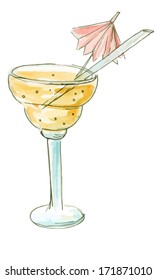 Vector watercolor pink long drink with raspberry