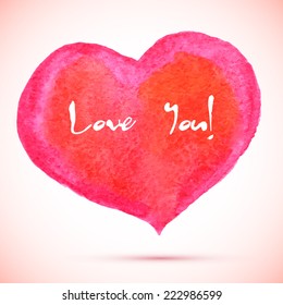 Vector watercolor pink and red heart with light shadow. Greeting card design for Valentine day.