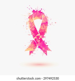 Vector watercolor pink ribbon - breast cancer awareness symbol
