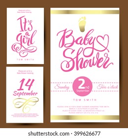 Vector watercolor pink sticker with gold foil. Calligraphy lettering Baby shower.  element set for invitation design for girl.