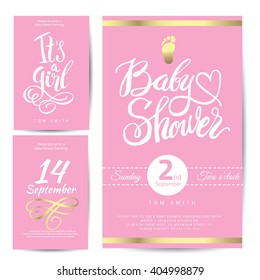 Vector watercolor pink sticker with gold foil. Calligraphy lettering Baby shower.  element set for invitation designfor girl.