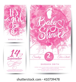 Vector watercolor pink sticker set It's a girl. Calligraphy lettering Baby shower. element for invitation design.