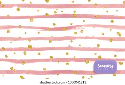 Vector watercolor pink stripes, with gold glitter circle on white background. Seamless pattern. Pastel colors.