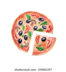 vector watercolor pizza. It can be used for menu, card, birthday card, poster, sticker.