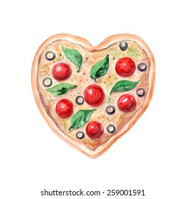 vector watercolor pizza heart. It can be used for menu, card, birthday card, poster, sticker.