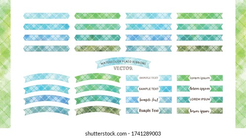 Vector Watercolor Plaid Ribbon Set, Green, Blue