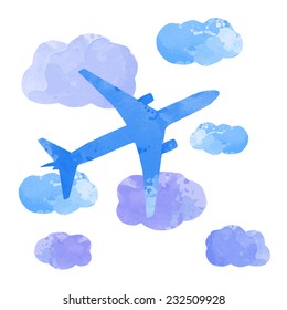 vector watercolor plane with cloud 