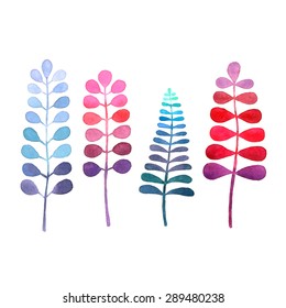 Vector Watercolor plants. Hand drown grass, pink, mint, purple, blue colors.