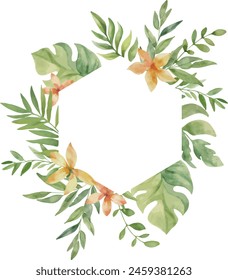 Vector Watercolor polygon Jungle frame with flowers and leaves. Template space for text. Greeting cards, invitation, gender party, baby shower, birthday, event, holiday, wedding card, printable, png.