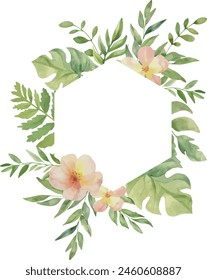 Vector Watercolor polygon Jungle frame with pink flowers, palm leaves. Template space for text. Greeting cards, invitation, gender party, baby shower, birthday, event, holiday, wedding card, printable