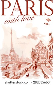 Vector watercolor postcard Paris template with text space. Memory card design, greeting, love theme, Tour d'Eiffel painting.