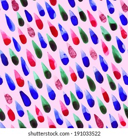 Vector watercolor rain drops, seamless background with stylized blue, green and red raindrops on a pastel pink background.