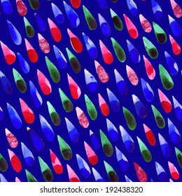 Vector watercolor rain drops, seamless background with stylized blue, green and red raindrops on a ultramarine background.