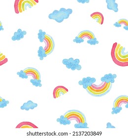 Vector watercolor rainbows and clouds seamless pattern. Fun and colorful.