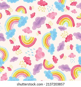 Vector watercolor rainbows and clouds seamless pattern. Fun and colorful.