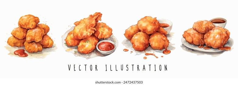 Vector watercolor realistic illustration of Crawfish Beignets isolated on white background. Vector Illustratoin	