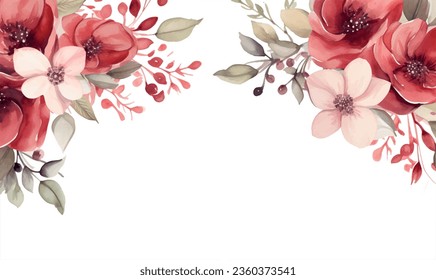Vector watercolor red flowers, frame, for design