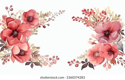 Vector watercolor red flowers, frame, for design