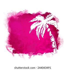 Vector watercolor red grunge geometric square paint stain with splash and hand drawn sketch coconut palm tree closeup white silhouette. Painted frame design. Bright colors. Abstract art