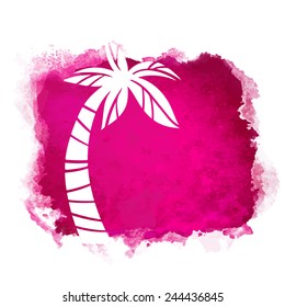 Vector watercolor red grunge geometric square paint stain with splash and hand drawn coconut palm tree closeup white silhouette. Painted frame design. Bright colors. Abstract art