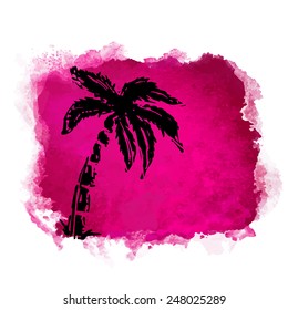 Vector watercolor red grunge geometric square paint stain with splash and hand drawn coconut palm tree closeup black silhouette. Painted frame design. Bright colors. Abstract art