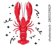Vector watercolor red lobster illustration. Hand drawn seafood with abstract shapes. Trendy vintage food isolated design elements for prints, restaurant menu or sea food market