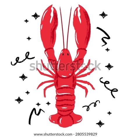 Vector watercolor red lobster illustration. Hand drawn seafood with abstract shapes. Trendy vintage food isolated design elements for prints, restaurant menu or sea food market