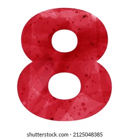 Vector acuarela roja número 8 sobre fondo blanco. 8 de marzo. Un objeto aislado.