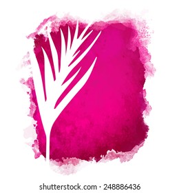 Vector watercolor red rectangle paint stain with splash and hand drawn palm branch with leaves closeup white silhouette. Painted frame design. Bright colors. Abstract art