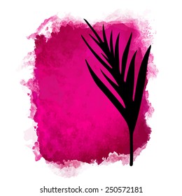 Vector watercolor red rectangle paint stain with splash and hand drawn palm branch with leaves closeup black silhouette. Painted frame design. Bright colors. Abstract art