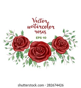 Vector watercolor red roses frame with green leafs.