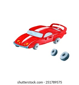vector watercolor red sport car. It can be used for card, postcard, cover, invitation, birthday card.