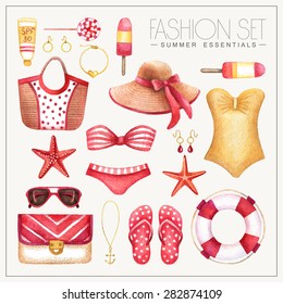 Vector watercolor red, yellow and white glamorous fashion set of woman's summer clothes and accessories. Vintage hand drawn beach outfit with jewelry, bags, hat and swimsuits