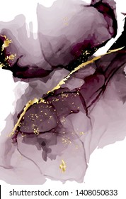 Vector watercolor repetition liquid flow in tender dark violet grey colors with gold glitters. Vector alcohol ink grunge abstract background. Wedding decoration design. 