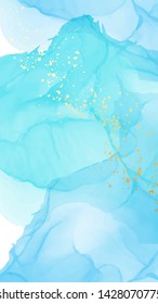 Vector watercolor repetition liquid flow in navy blue colors with gold glitters. Vector contrast alcohol ink grunge abstract background. Banner design template.