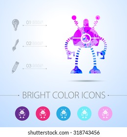 Vector watercolor retro robot toy icon with infographic elements 