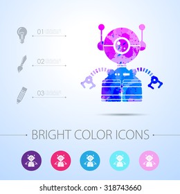 Vector watercolor retro robot toy icon with infographic elements 