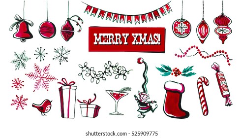 Vector watercolor retro style merry christmas and happy new year hand drawn illustration. Xmas design artistic elements set isolated on white background. Good for congratulation card, banner design.