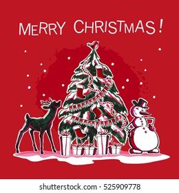 Vector watercolor retro style merry christmas and happy new year hand drawn illustration. Xmas design artistic elements set. Good for congratulation card, banner design.