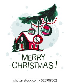 Vector watercolor retro style merry christmas and happy new year hand drawn illustration. Xmas design artistic elements set isolated on white background. Good for congratulation card, banner design.