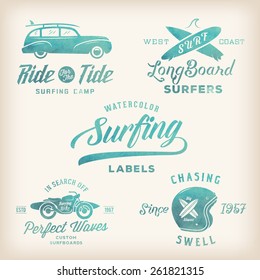 Vector Watercolor Retro Style Surfing Labels, Logos or T-shirt Graphic Design Featuring Surfboards, Surf Woodie Car, Motorcycle Silhouette, Helmet etc. Good for Posters etc.